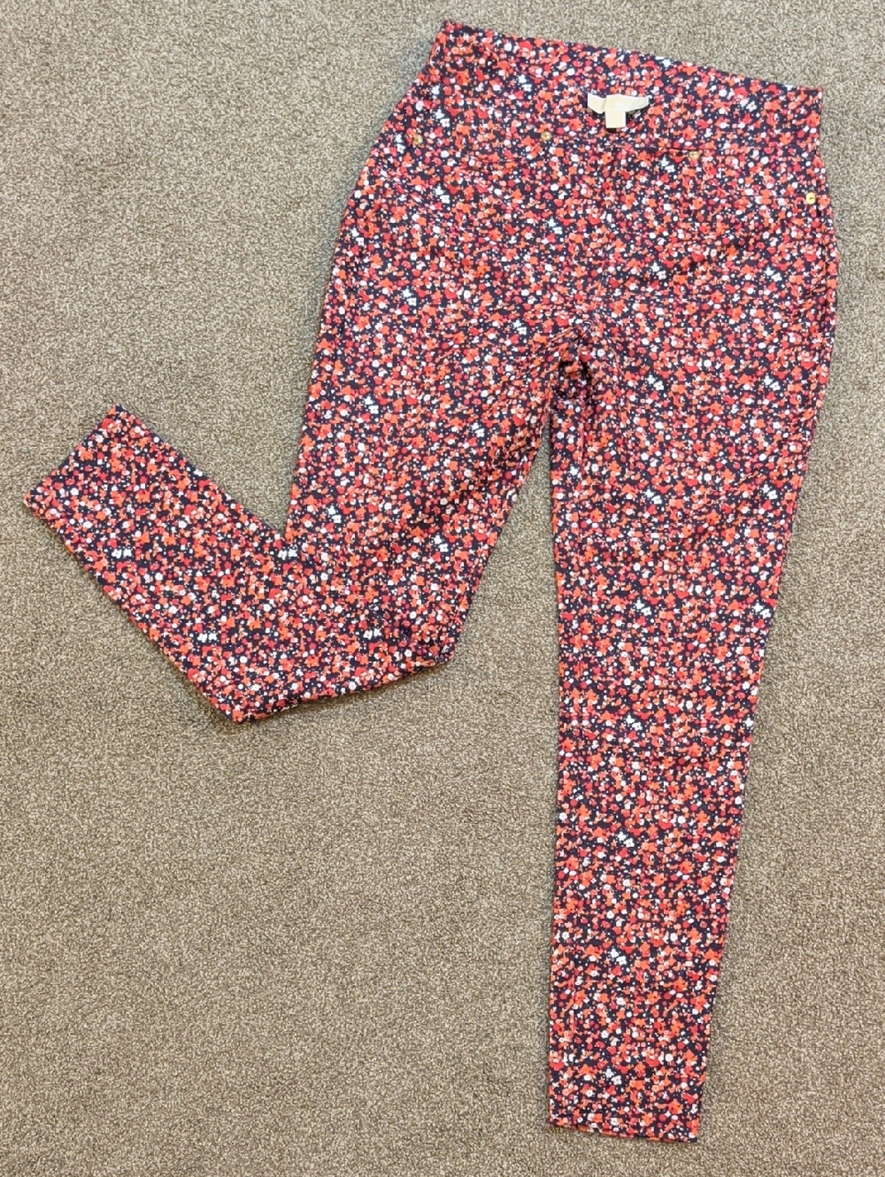 Michael Kors Floral Print Skinny Stretch Pants in Black, Coral and Navy